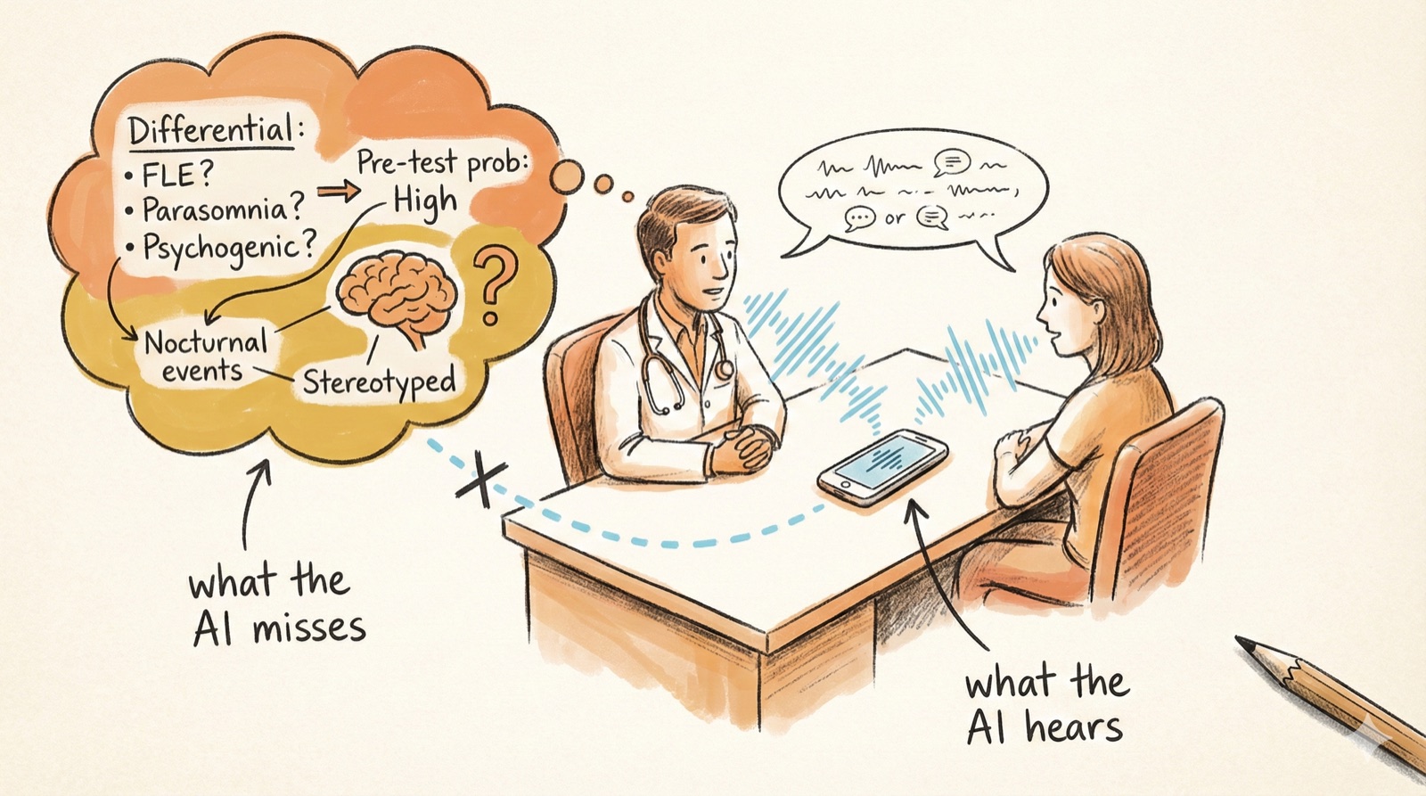 Illustration of ambient AI capturing the surface of a clinical encounter.