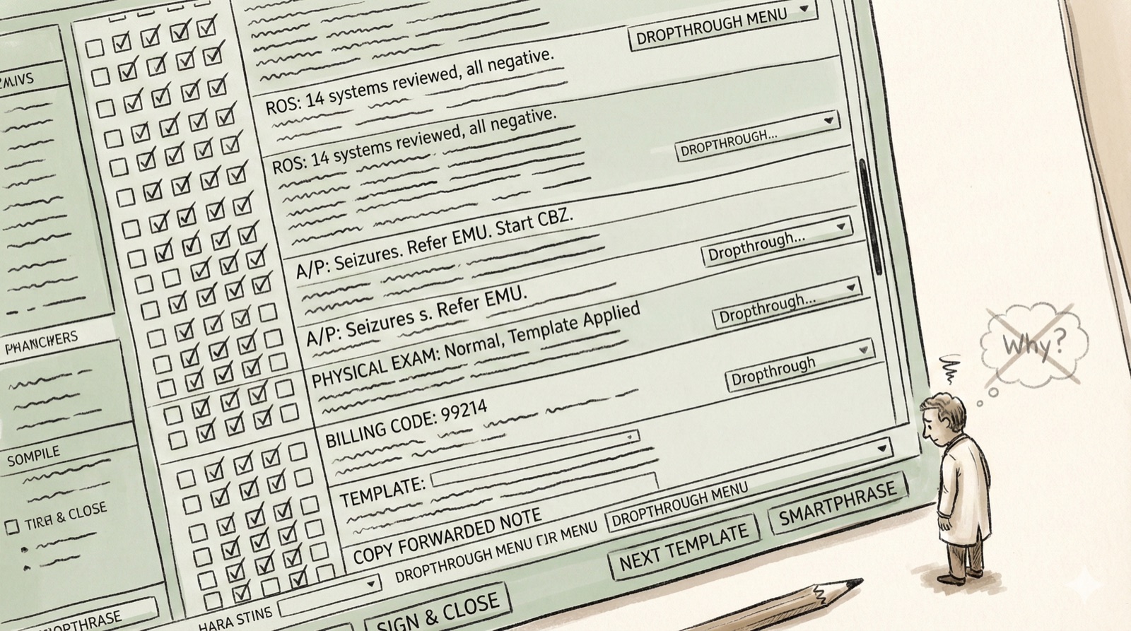 Illustration of a clinical note distorted into billing and compliance paperwork.