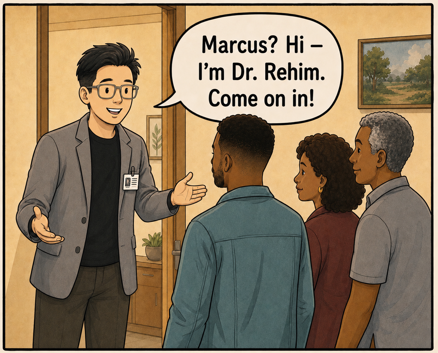 Dr. Rehim welcomes Marcus and his parents into the consultation room
