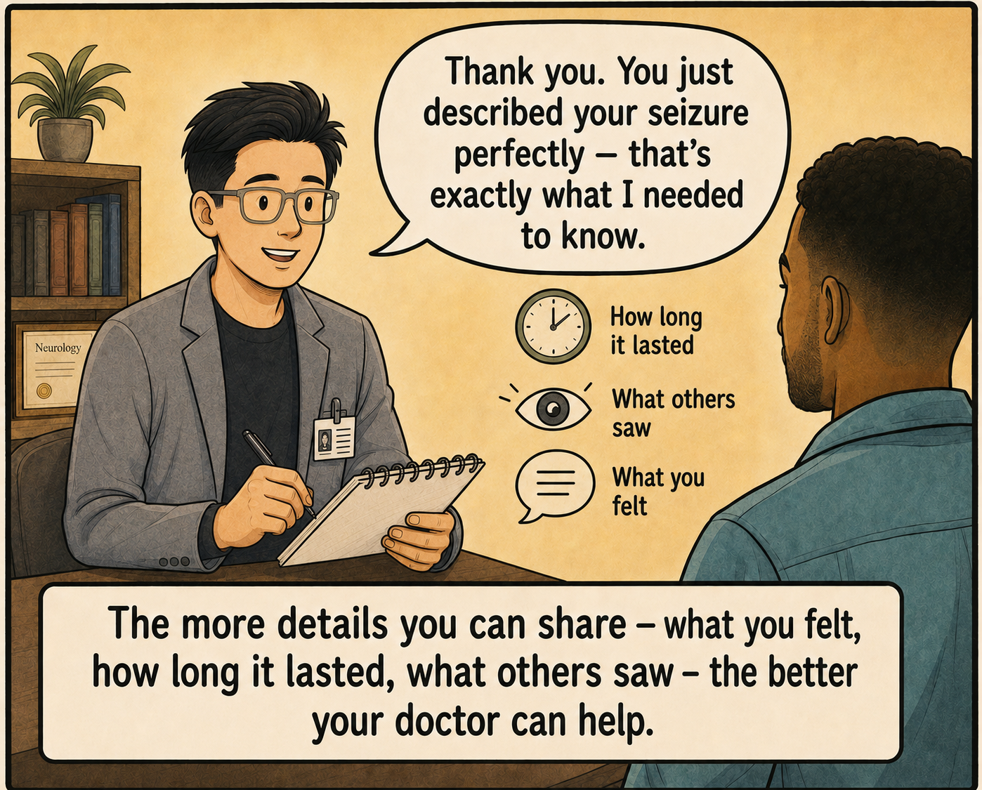 Dr. Rehim reassures Marcus that his seizure description gave helpful details