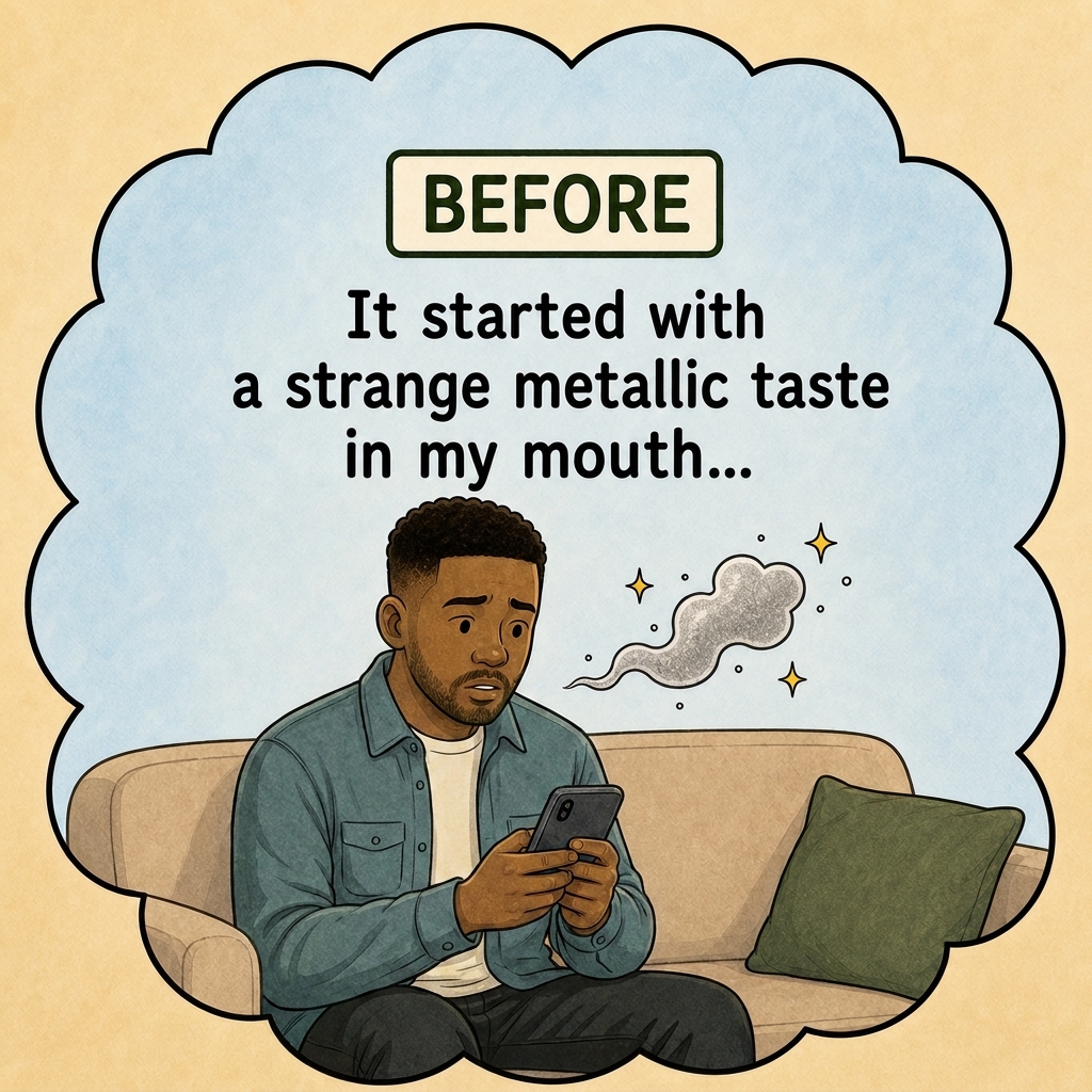 Before the seizure, Marcus notices a strange metallic taste