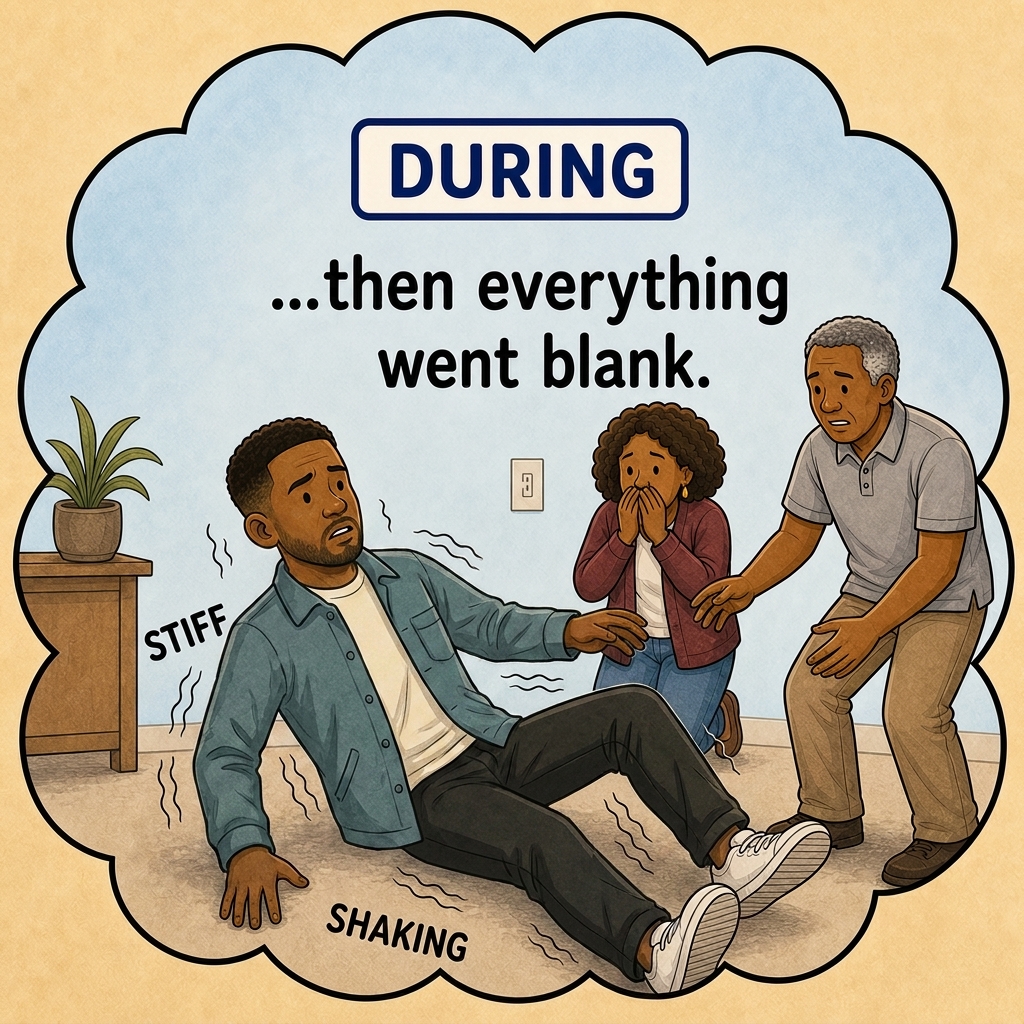 During the seizure, Marcus loses awareness while his parents see him stiffen and shake