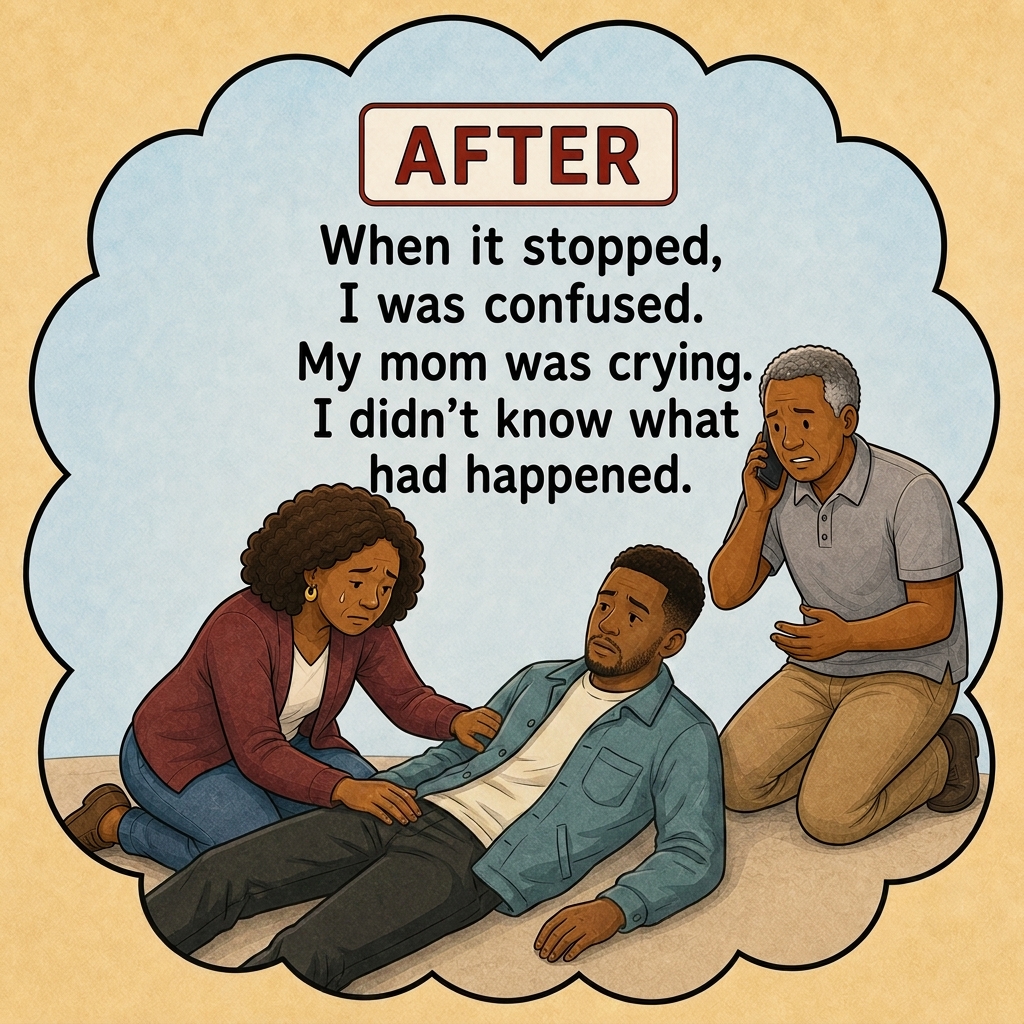 After the seizure, Marcus is confused while his parents help him recover