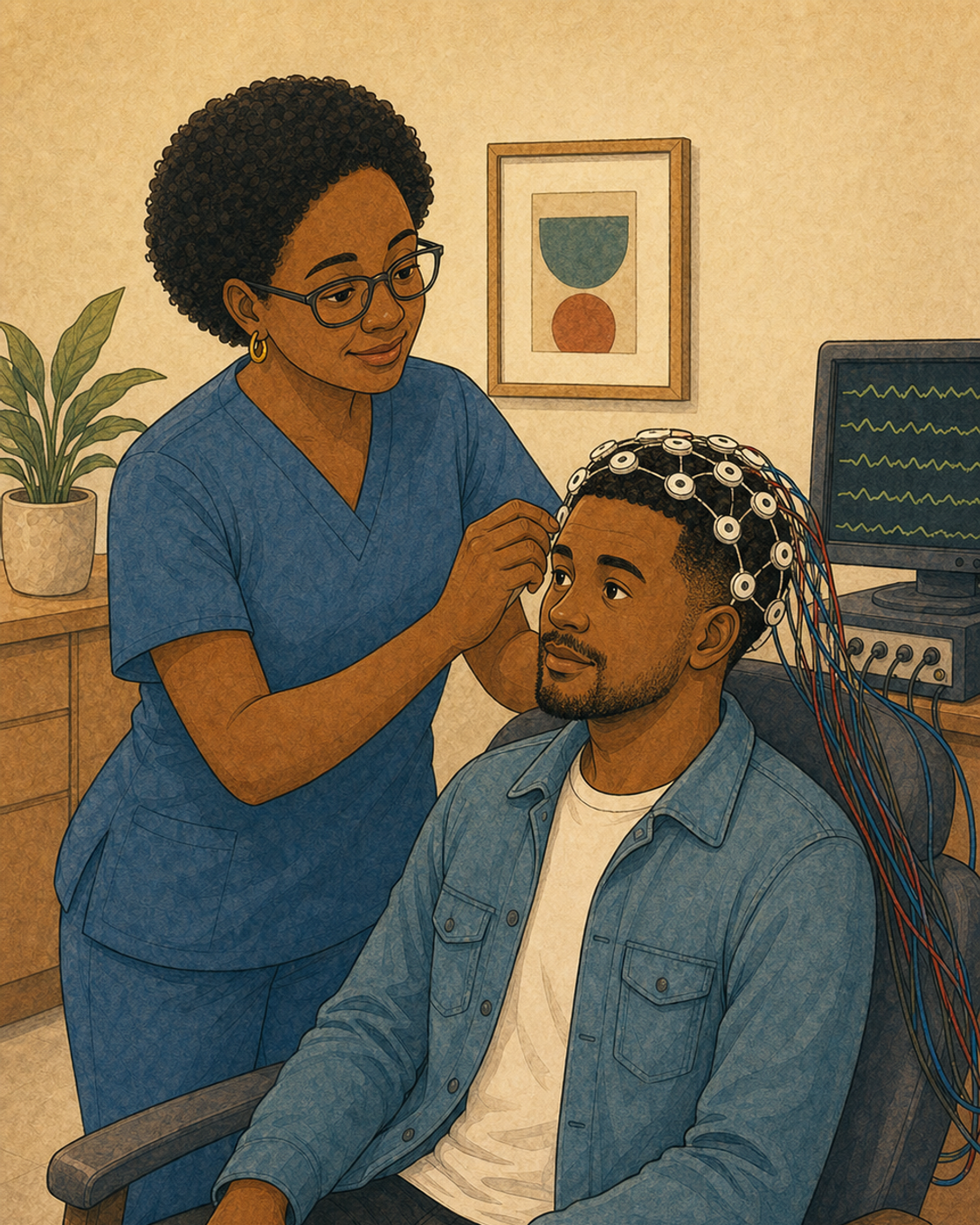 Illustration of an EEG cap with small sensors on the scalp
