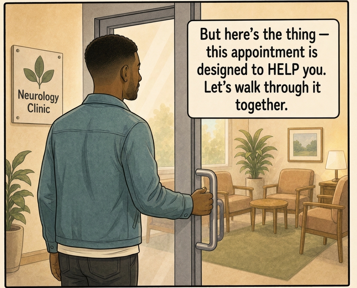 Marcus opens the door into the waiting room as the story explains that the appointment is designed to help