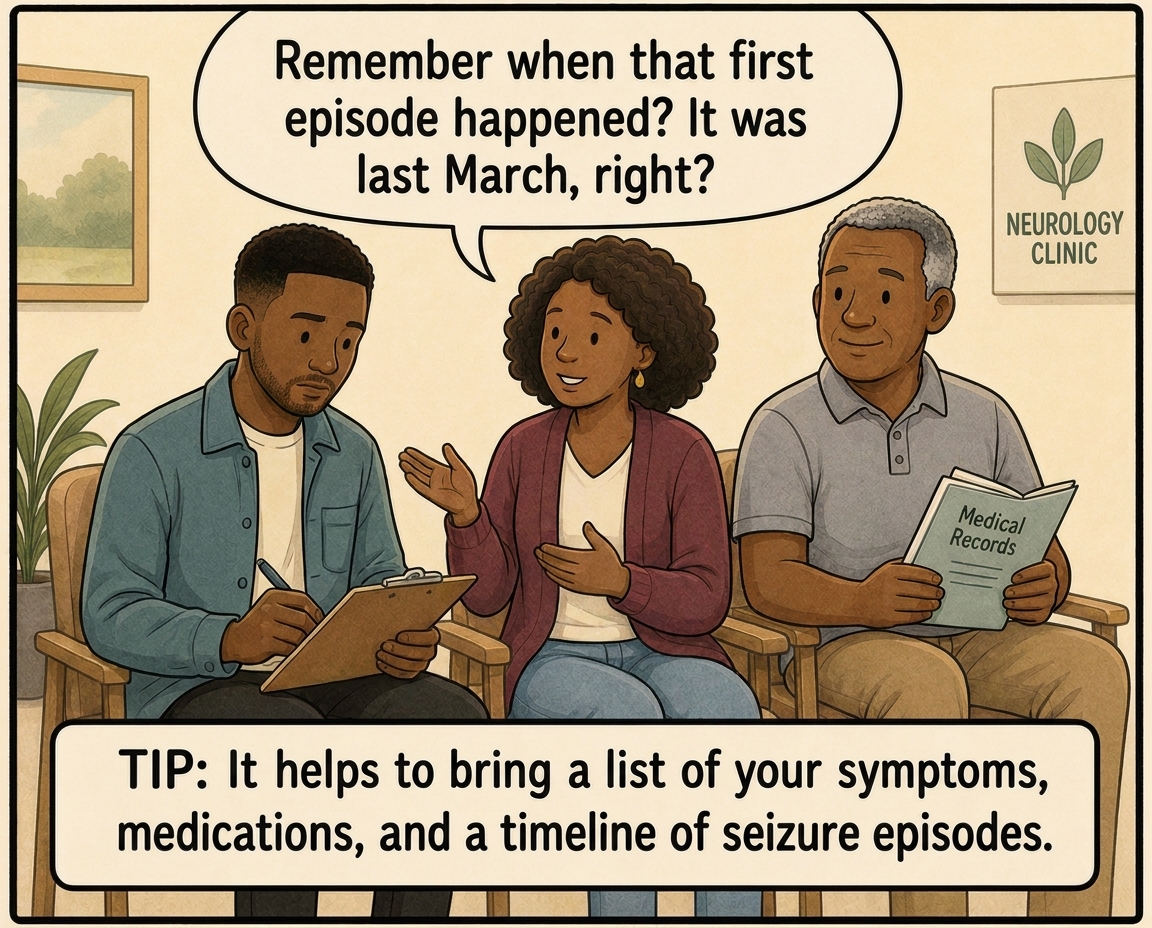Marcus and his family talk through when the first episode happened while filling out forms