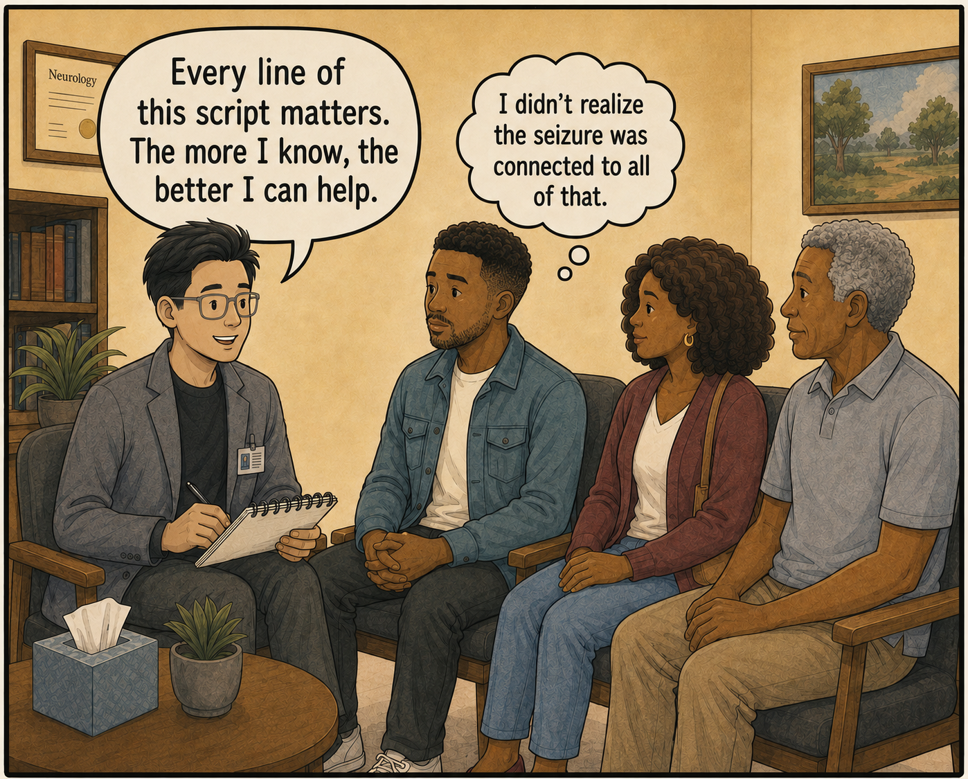 Dr. Rehim explains that every line of the seizure script matters while Marcus realizes the seizure connects to broader details