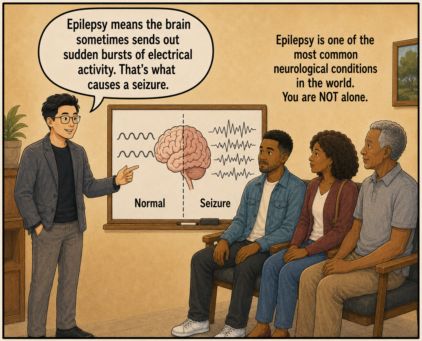 Dr. Rehim explains epilepsy using a whiteboard with a brain and normal versus seizure electrical activity