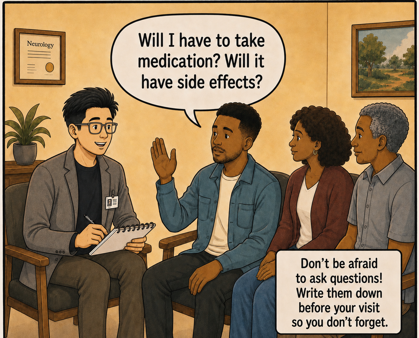 Marcus asks whether he will need medication and whether it will have side effects