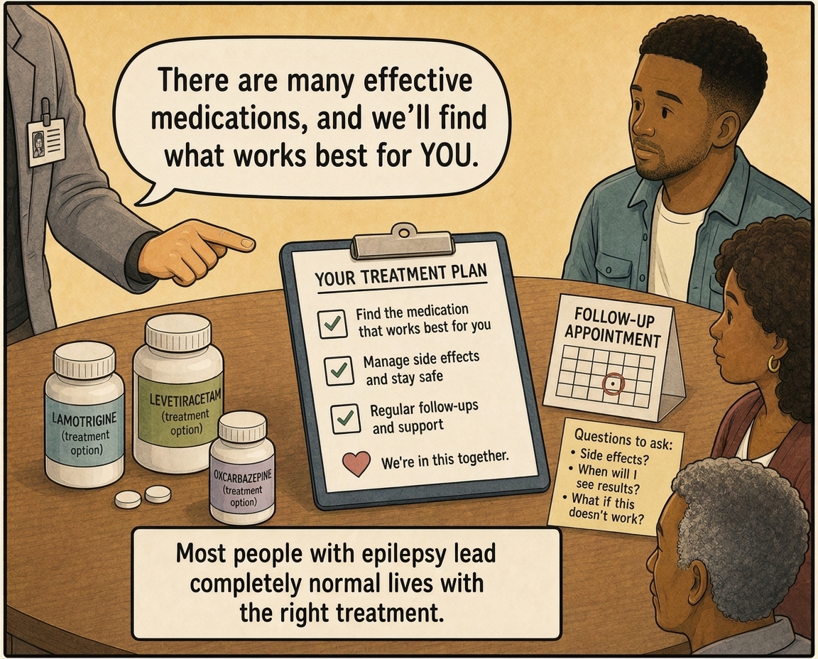 A treatment plan on a table shows medication options, follow-up, questions, and reassurance