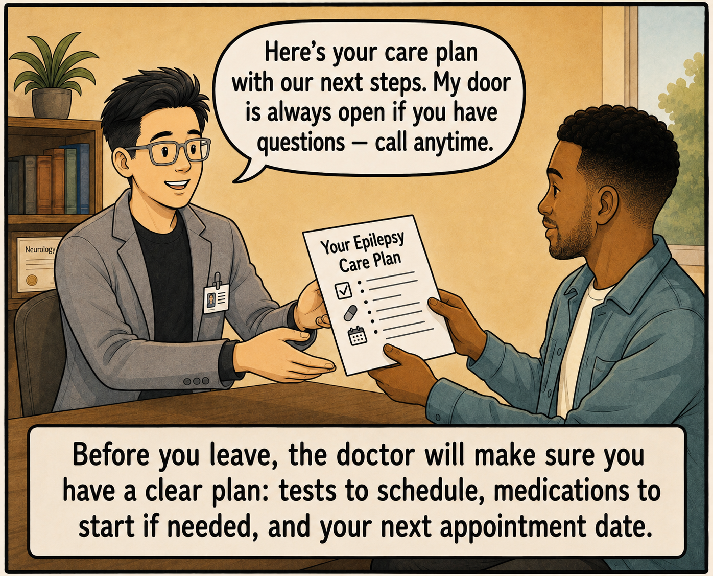 Dr. Rehim gives Marcus his epilepsy care plan with next steps before leaving the visit