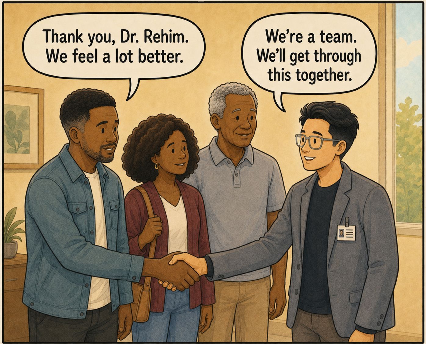 Marcus's father shakes hands with Dr. Rehim as the family feels reassured